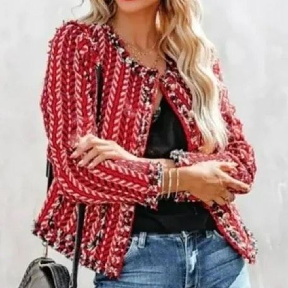 Vici NWT‎ Red Faux Tweed Cropped Blazer Jacket - Women’s XS